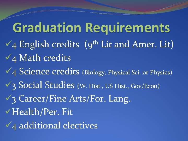 Graduation Requirements ü 4 English credits (9 th Lit and Amer. Lit) ü 4