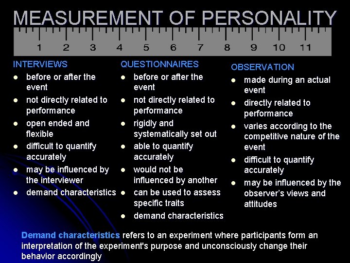 MEASUREMENT OF PERSONALITY INTERVIEWS QUESTIONNAIRES OBSERVATION l before or after the l made during