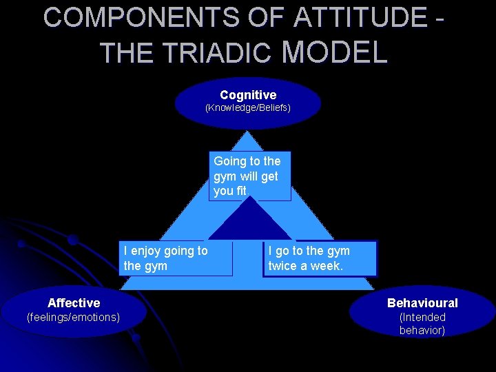 COMPONENTS OF ATTITUDE THE TRIADIC MODEL Cognitive (Knowledge/Beliefs) Going to the gym will get
