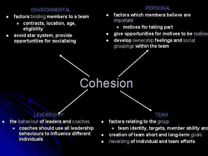 l l ENVIRONMENTAL factors binding members to a team l contracts, location, age, eligibility