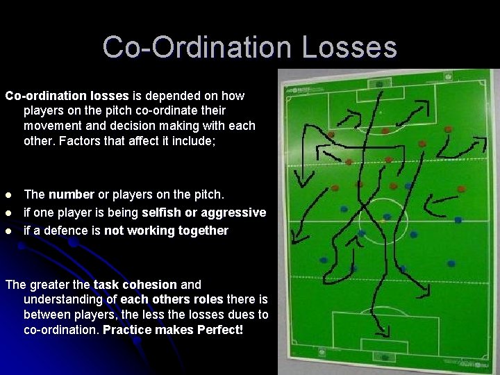 Co-Ordination Losses Co-ordination losses is depended on how players on the pitch co-ordinate their