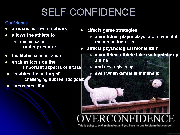 SELF-CONFIDENCE Confidence l arouses positive emotions l allows the athlete to l remain calm