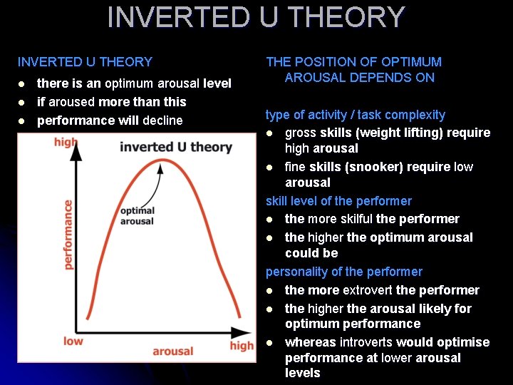 INVERTED U THEORY l l l there is an optimum arousal level if aroused