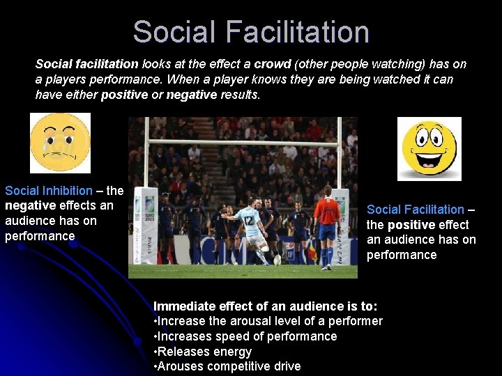 Social Facilitation Social facilitation looks at the effect a crowd (other people watching) has