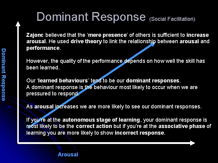 Dominant Response (Social Facilitation) Dominant Response Zajonc believed that the ‘mere presence’ of others