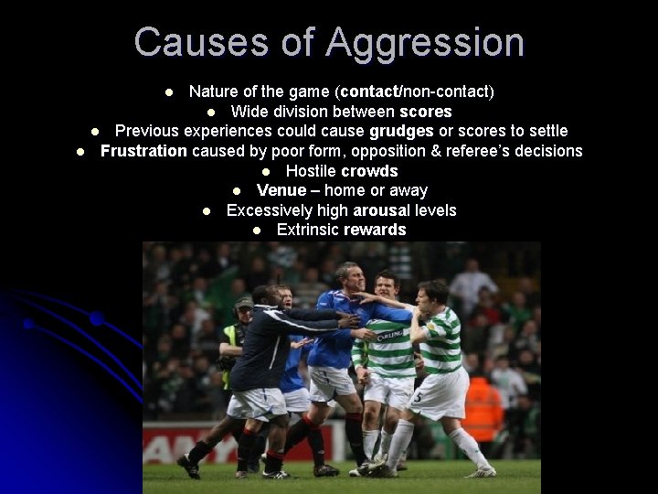 Causes of Aggression Nature of the game (contact/non-contact) l Wide division between scores l