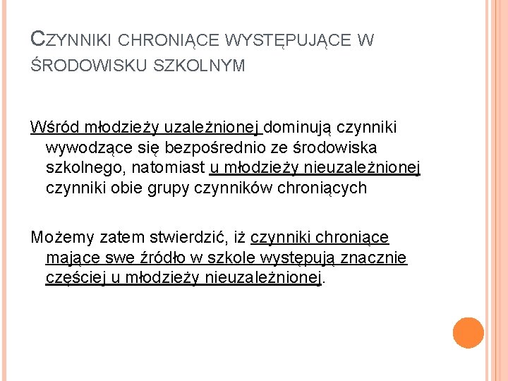 CZYNNIKI CHRONIĄCE WYSTĘPUJĄCE W ŚRODOWISKU SZKOLNYM Wśród młodzieży uzależnionej dominują czynniki wywodzące się bezpośrednio