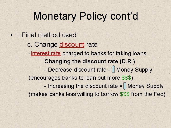 Monetary Policy cont’d • Final method used: c. Change discount rate -interest rate charged