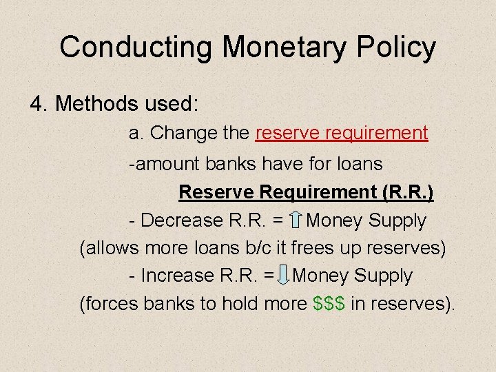 Conducting Monetary Policy 4. Methods used: a. Change the reserve requirement -amount banks have