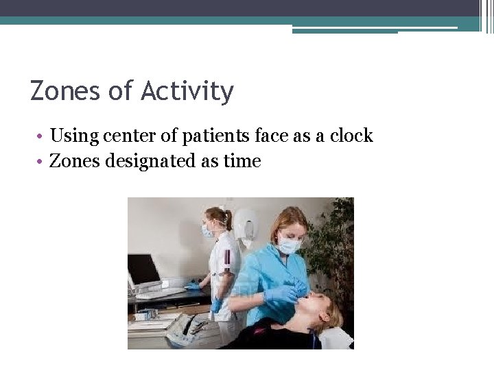 Zones of Activity • Using center of patients face as a clock • Zones