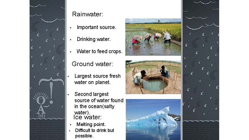 Rainwater: • Important source. • Drinking water. • Water to feed crops. Ground water: