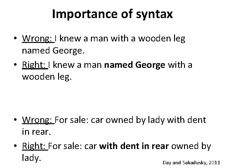 Importance of syntax • Wrong: I knew a man with a wooden leg named