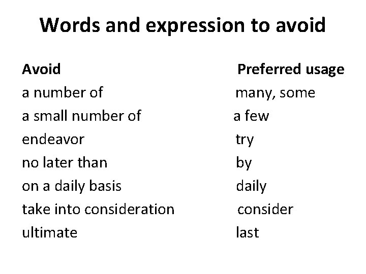 Words and expression to avoid Avoid a number of a small number of endeavor