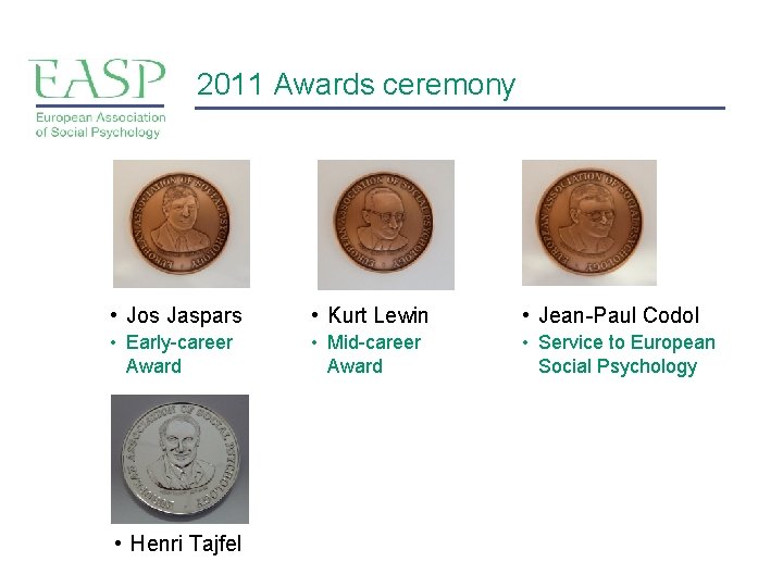 2011 Awards ceremony • Jos Jaspars • Kurt Lewin • Jean-Paul Codol • Early-career