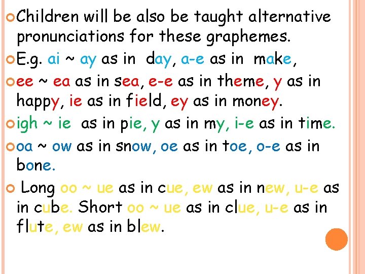  Children will be also be taught alternative pronunciations for these graphemes. E. g.