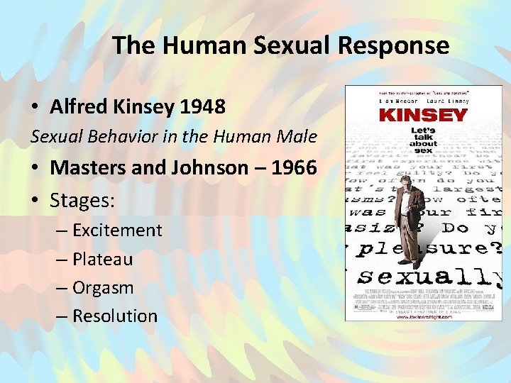 The Human Sexual Response • Alfred Kinsey 1948 Sexual Behavior in the Human Male