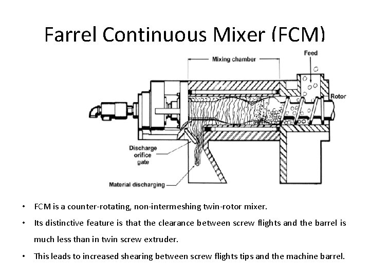 Farrel Continuous Mixer (FCM) • FCM is a counter-rotating, non-intermeshing twin-rotor mixer. • Its