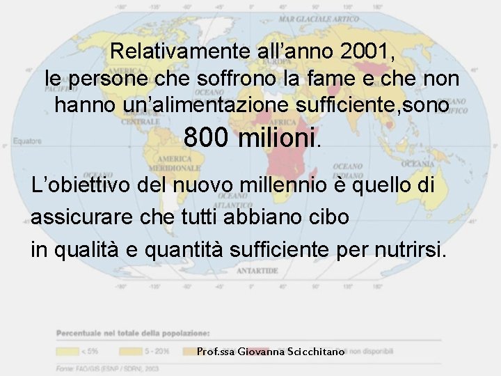 Relativamente all’anno 2001, le persone che soffrono la fame e che non hanno un’alimentazione