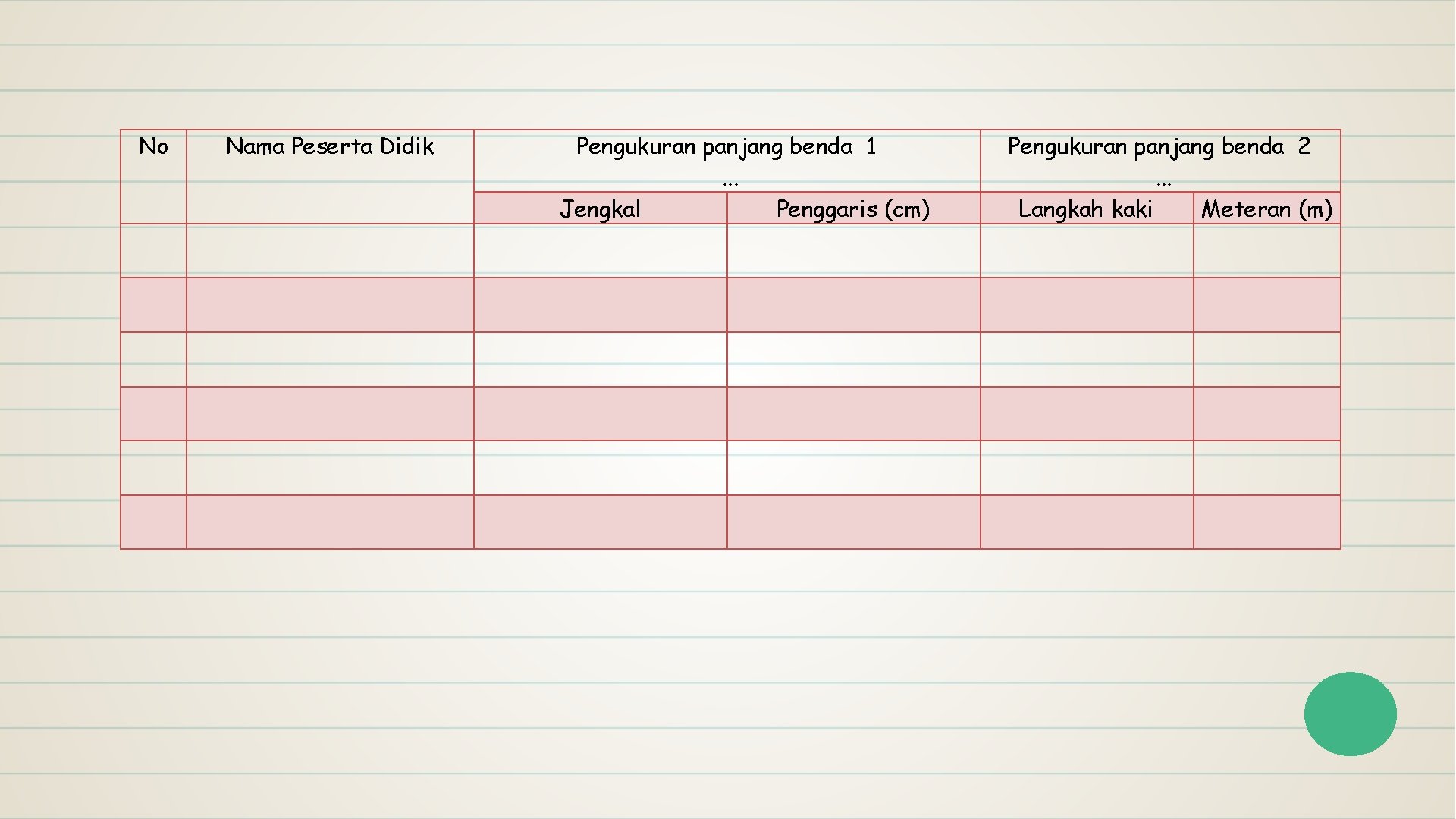 No Nama Peserta Didik Pengukuran panjang benda 1. . . Jengkal Penggaris (cm) Pengukuran