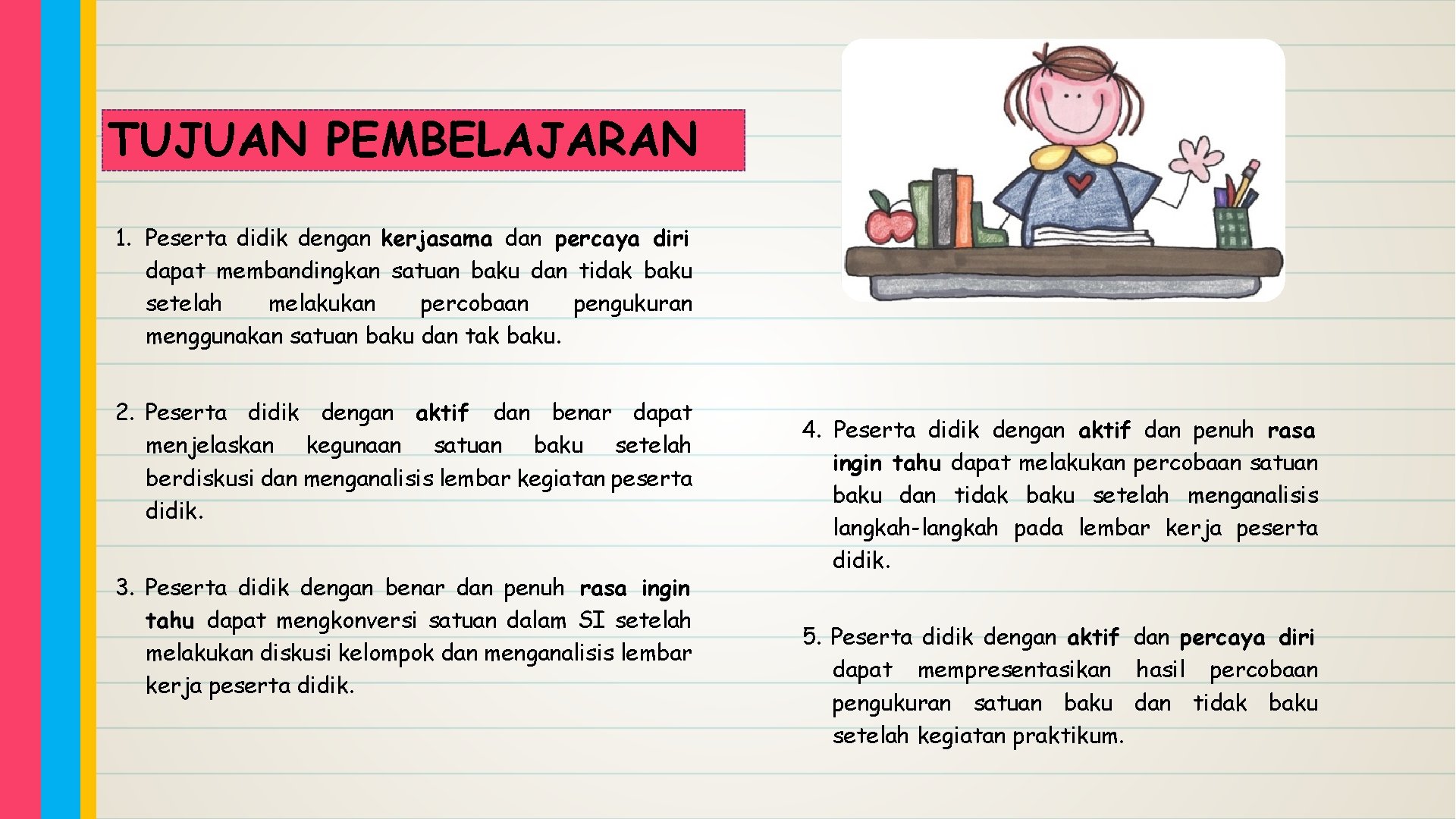 TUJUAN PEMBELAJARAN 1. Peserta didik dengan kerjasama dan percaya diri dapat membandingkan satuan baku