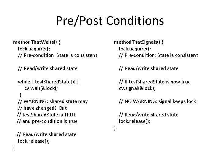 Pre/Post Conditions method. That. Waits() { lock. acquire(); // Pre-condition: State is consistent }