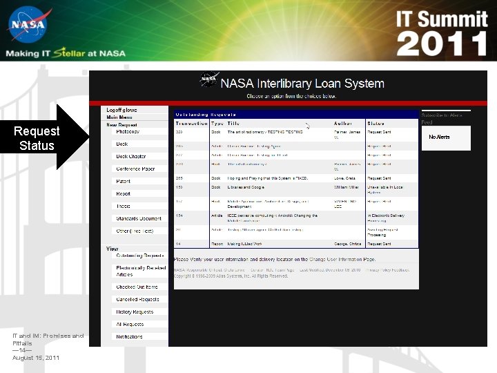 Request Status IT and IM: Promises and Pitfalls — 14— August 15, 2011 