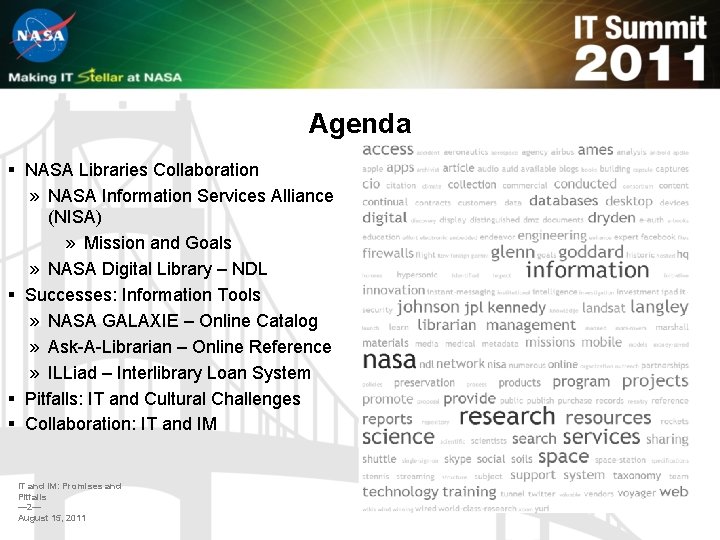 Agenda § NASA Libraries Collaboration » NASA Information Services Alliance (NISA) » Mission and