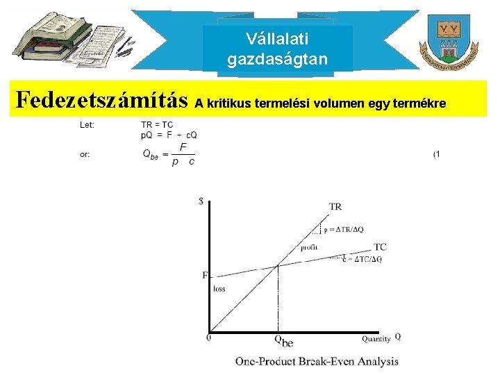 Vállalati gazdaságtan Fedezetszámítás A kritikus termelési volumen egy termékre 