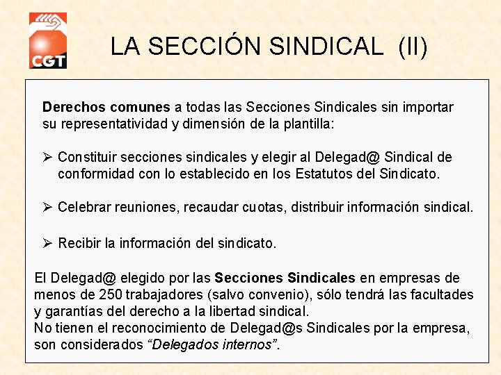 LA SECCIÓN SINDICAL (II) Derechos comunes a todas las Secciones Sindicales sin importar su