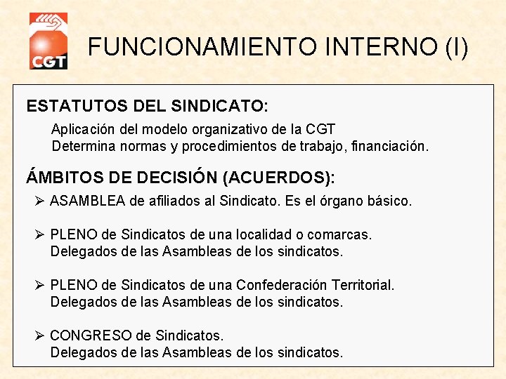 FUNCIONAMIENTO INTERNO (I) ESTATUTOS DEL SINDICATO: Aplicación del modelo organizativo de la CGT Determina
