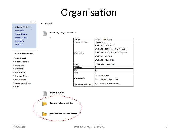 Organisation 18/05/2018 Paul Dauncey - Relativity 2 