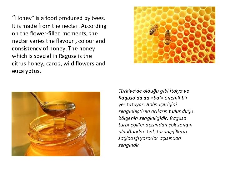 “Honey” is a food produced by bees. It is made from the nectar. According