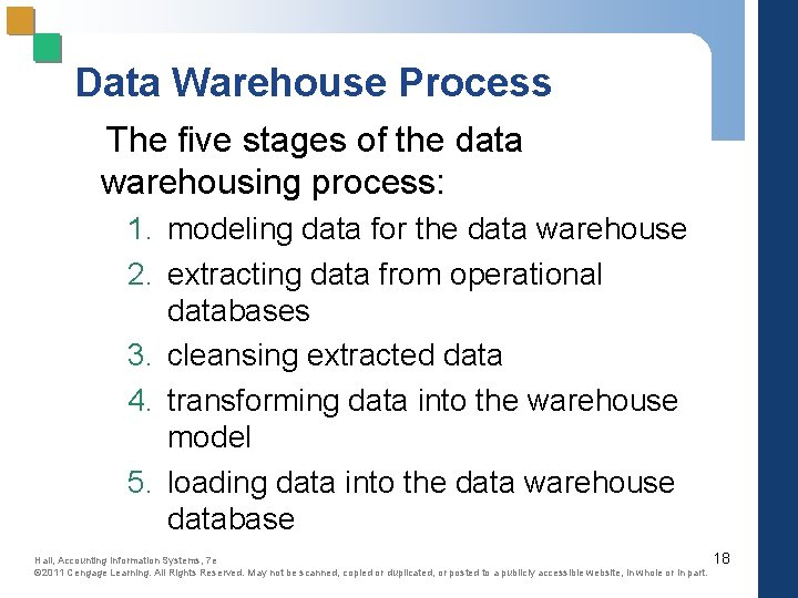 Data Warehouse Process The five stages of the data warehousing process: 1. modeling data