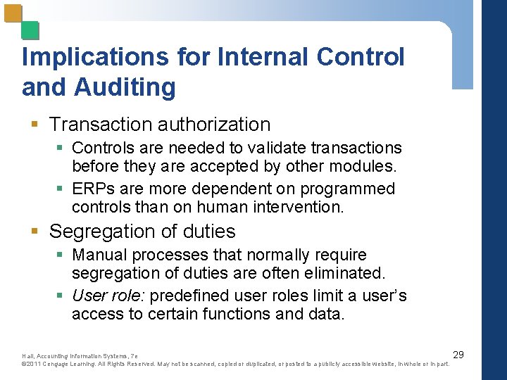 Implications for Internal Control and Auditing § Transaction authorization § Controls are needed to