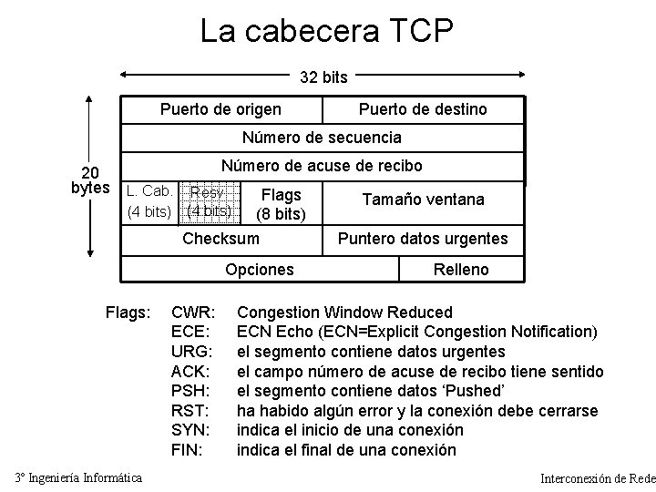 La cabecera TCP 32 bits Puerto de origen Puerto de destino Número de secuencia