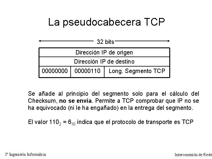 La pseudocabecera TCP 32 bits Dirección IP de origen Dirección IP de destino 00000110