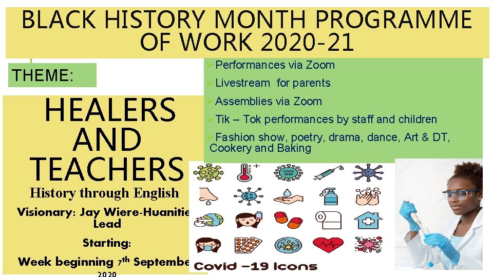 BLACK HISTORY MONTH PROGRAMME OF WORK 2020 -21 ØPerformances via Zoom THEME: HEALERS AND