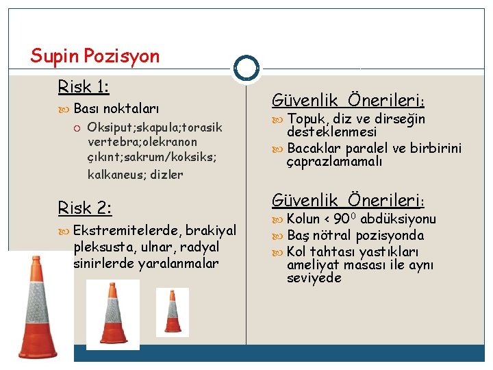 Supin Pozisyon Risk 1: Bası noktaları Oksiput; skapula; torasik vertebra; olekranon çıkınt; sakrum/koksiks; kalkaneus;