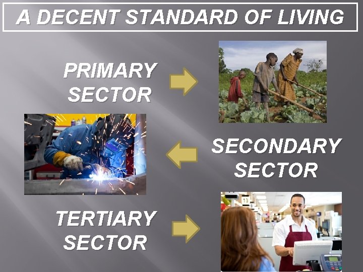 A DECENT STANDARD OF LIVING PRIMARY SECTOR SECONDARY SECTOR TERTIARY SECTOR 