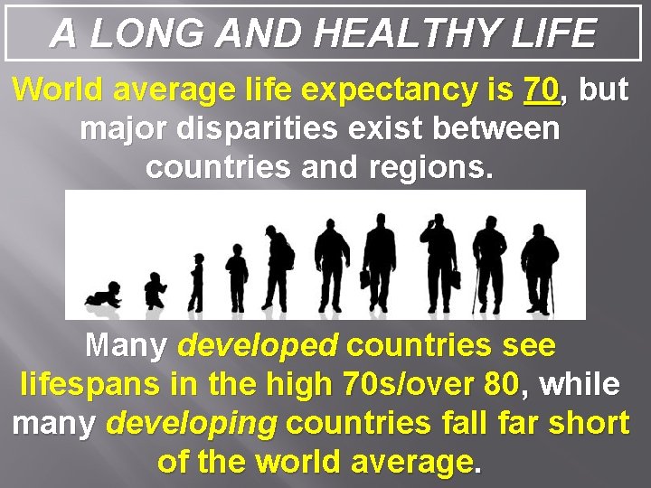 A LONG AND HEALTHY LIFE World average life expectancy is 70, but major disparities