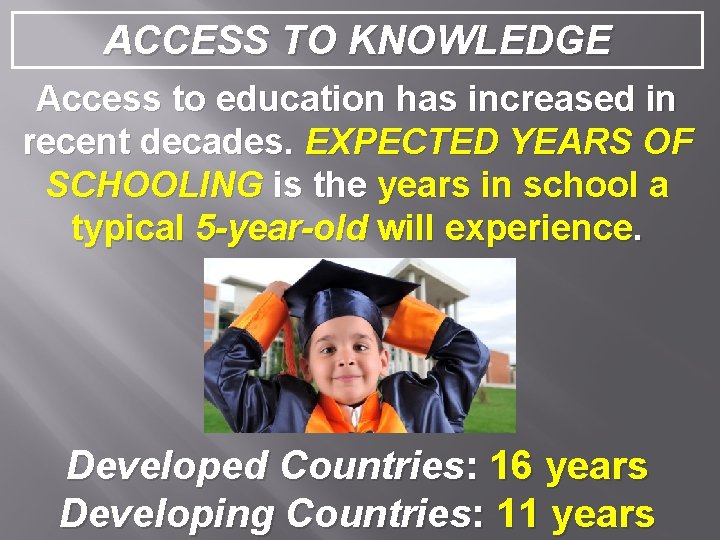 ACCESS TO KNOWLEDGE Access to education has increased in recent decades. EXPECTED YEARS OF