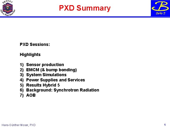 PXD Summary PXD Sessions: Highlights 1) 2) 3) 4) 5) 6) 7) Sensor production