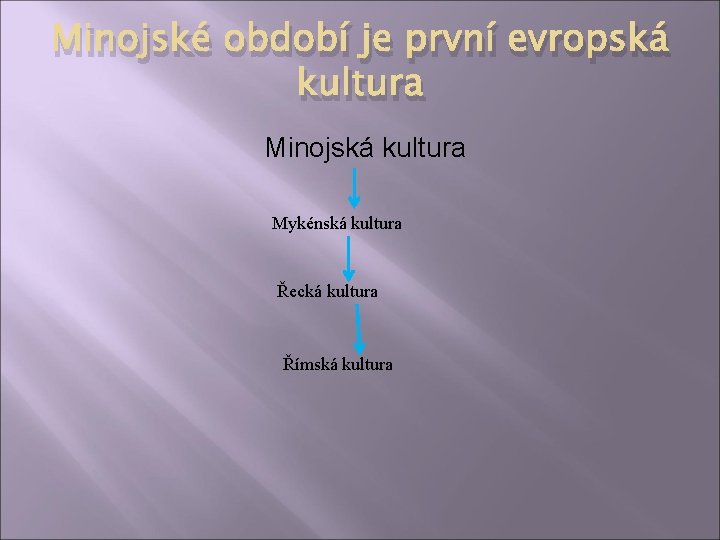 Minojské období je první evropská kultura Minojská kultura Mykénská kultura Řecká kultura Římská kultura