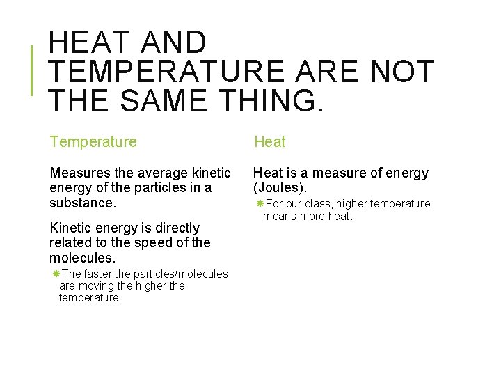 HEAT AND TEMPERATURE ARE NOT THE SAME THING. Temperature Heat Measures the average kinetic