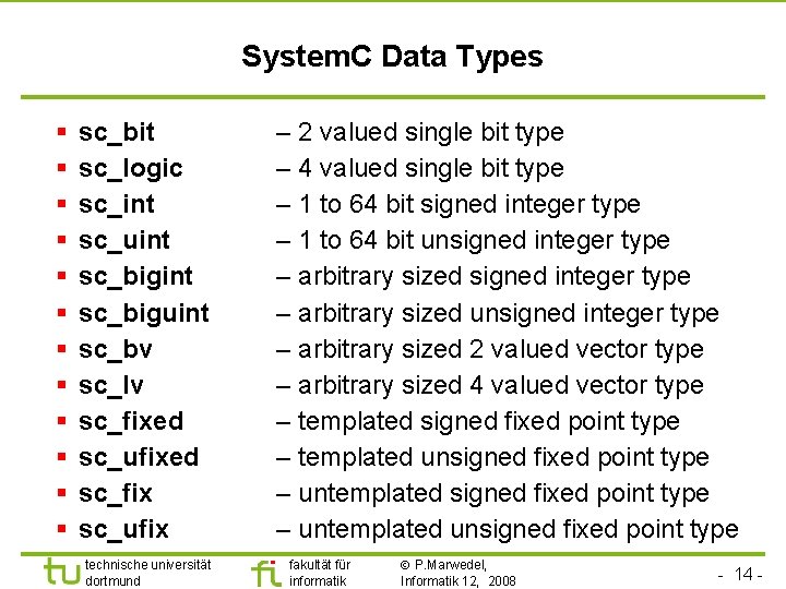 Universität Dortmund System. C Data Types § § § sc_bit sc_logic sc_int sc_uint sc_biguint