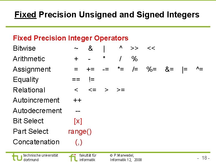 Universität Dortmund Fixed Precision Unsigned and Signed Integers Fixed Precision Integer Operators Bitwise ~