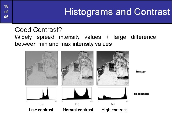18 of 45 Histograms and Contrast Good Contrast? Widely spread intensity values + large