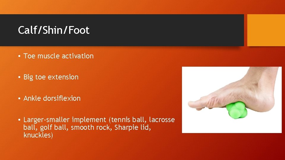 Calf/Shin/Foot • Toe muscle activation • Big toe extension • Ankle dorsiflexion • Larger-smaller
