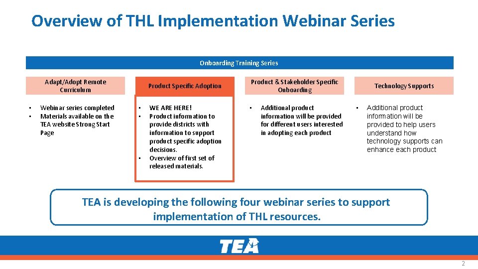 Overview of THL Implementation Webinar Series Onboarding Training Series Adapt/Adopt Remote Curriculum • •