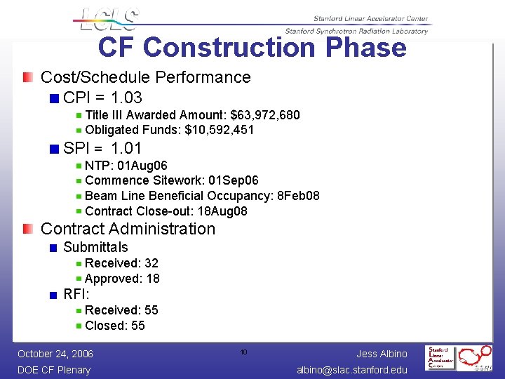 CF Construction Phase Cost/Schedule Performance CPI = 1. 03 Title III Awarded Amount: $63,